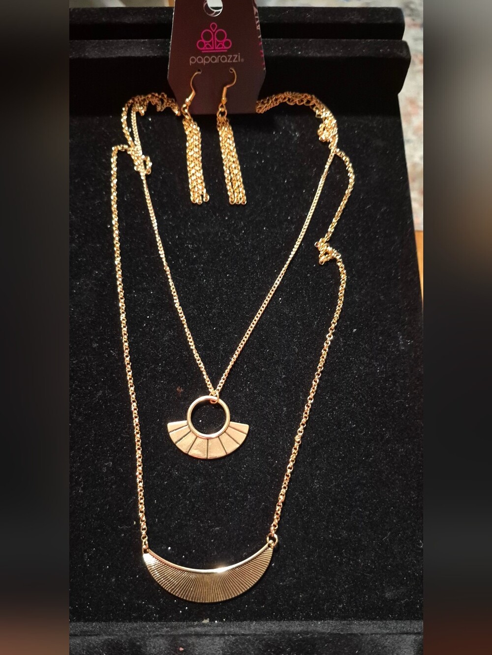 paparazzi Gold Fan Layered Long Necklace and Dangle Earring Set